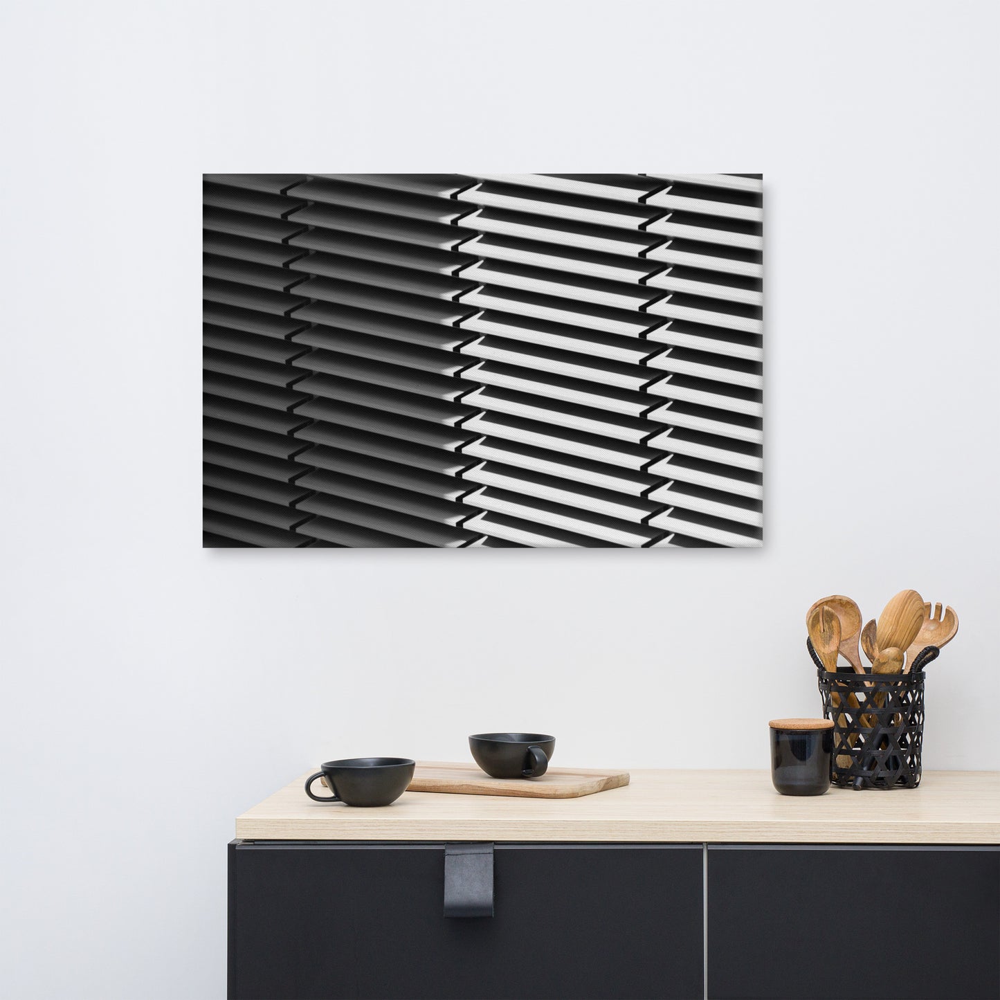 Black and White Minimal Line and Shadow Pattern Canvas Wall Art Print