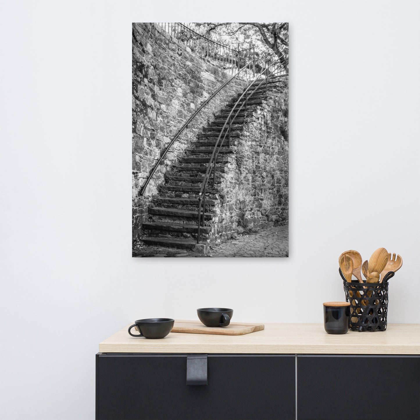 Black and White Old Stone Stairs River Street Savannah GA Canvas Wall Art Prints