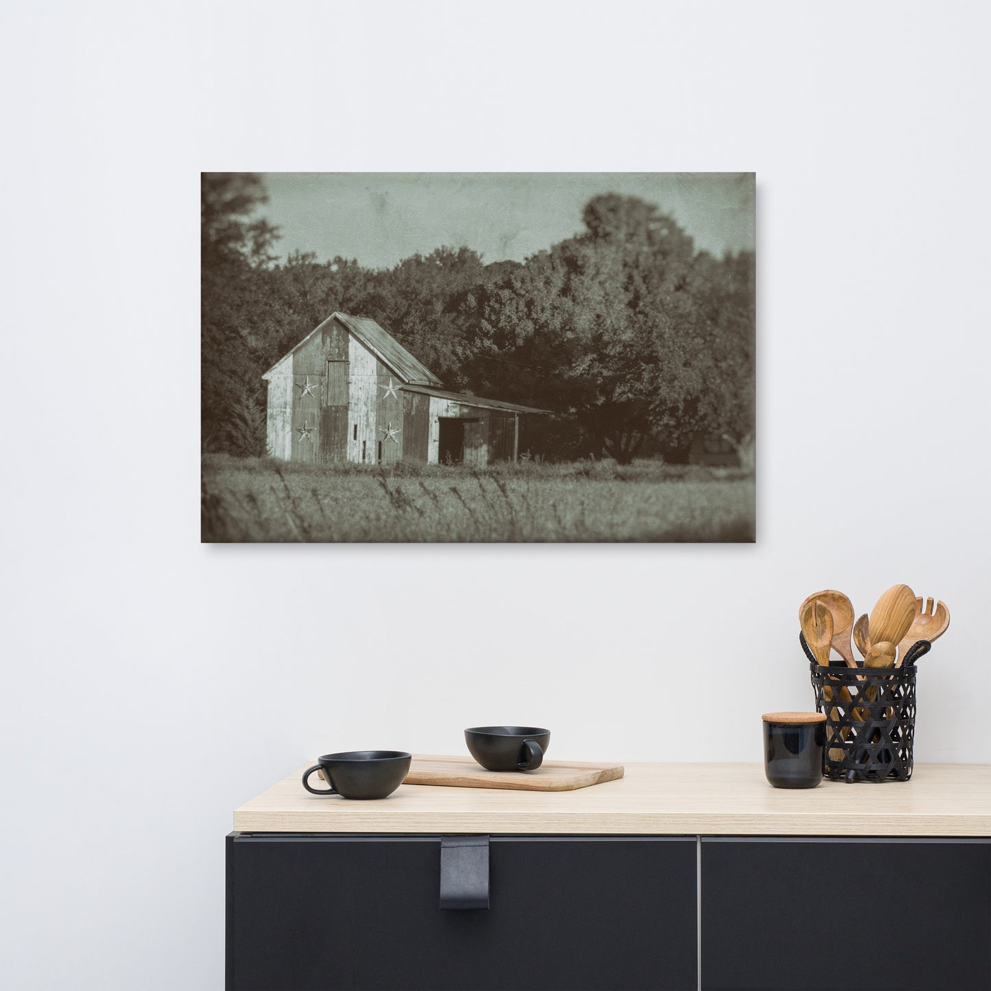 Patriotic Barn in Field Vintage Black and White Rural Landscape Canvas Wall Art Prints