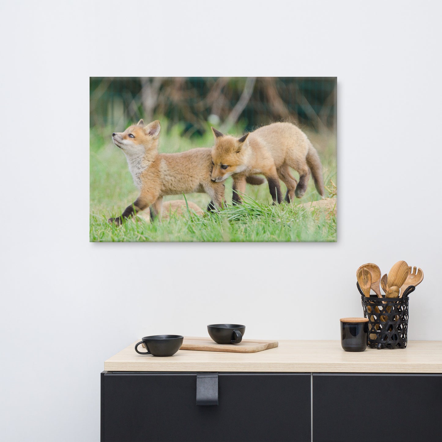 Canvas Childrens Wall Art: Playful Red Fox Pups In Field Animal / Wildlife / Nature Photograph Canvas Wall Art Print - Artwork