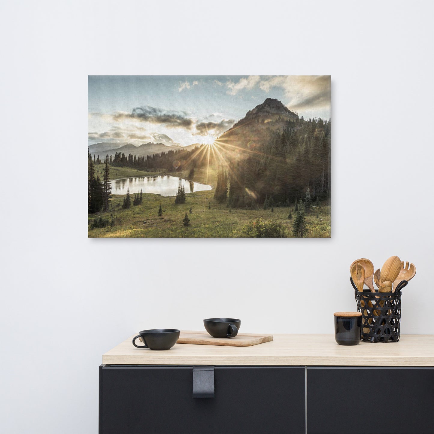 Canvas Wall Pictures For Bedroom: At Peace - Sunset Mountain and Lake Rural / Country / Farmhouse Style Nature / Landscape Photograph Wall Art Print