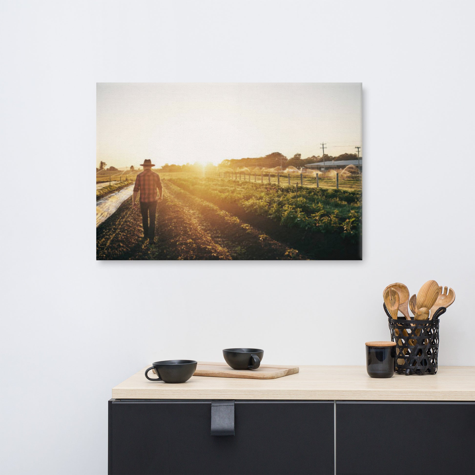 Hang Pictures Above Bed: Farm Life - Farmer in the Sunrise Rural / Country / Farmhouse Style Landscape Photograph Canvas Wall Art Print