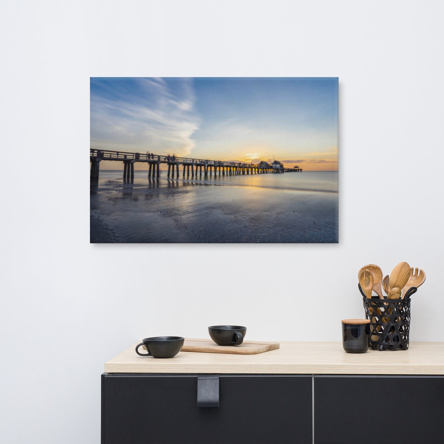 Sunset and the Naples Pier Coastal Beach Landscape Photograph Canvas Wall Art Print