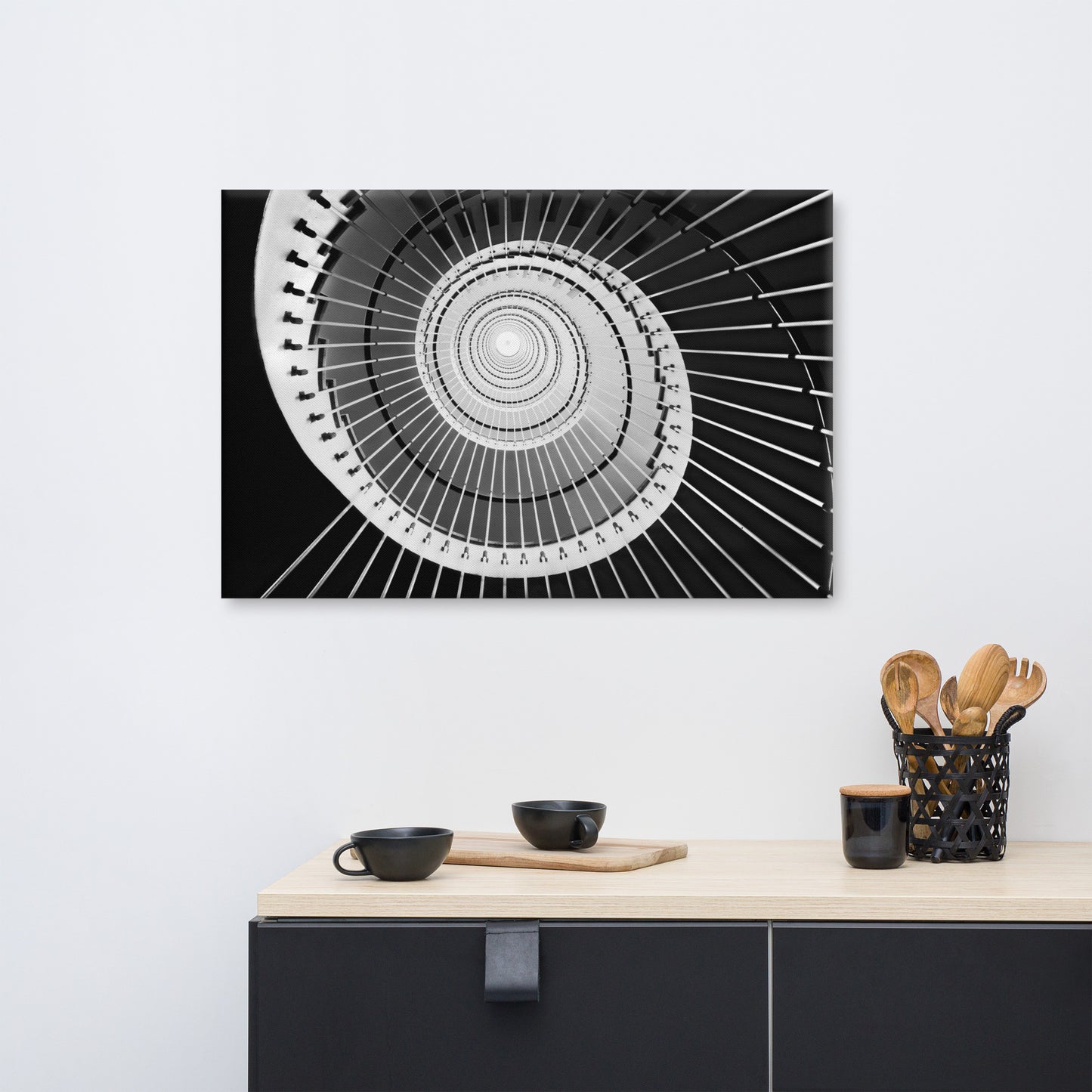 Never Ending Ascent - Equiangular Spiral Black And White Architectural Photograph Canvas Wall Art Print