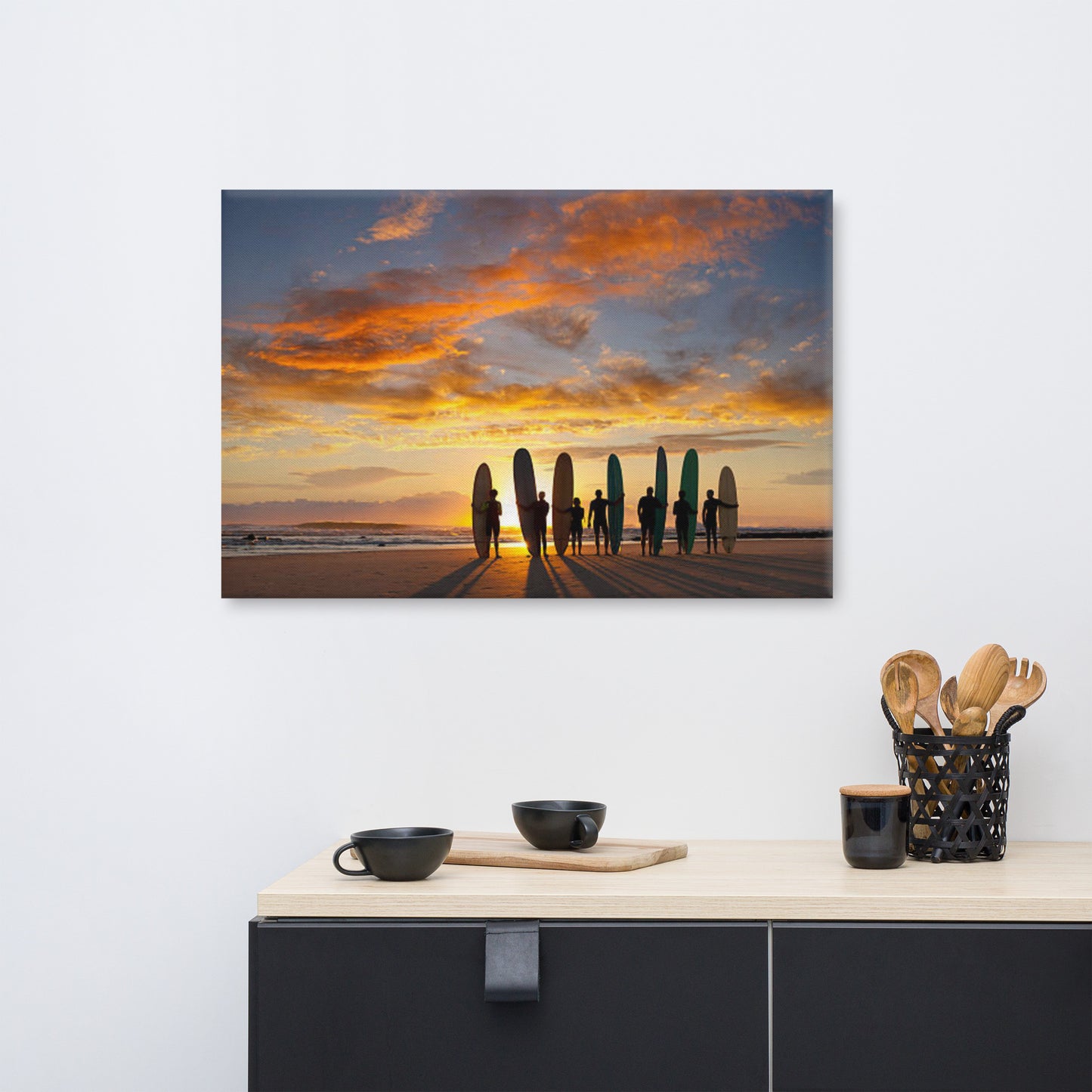 Silhouettes of Stoke: A Malibu Sunrise Coastal Lifestyle Abstract Nature Photograph Canvas Wall Art Print