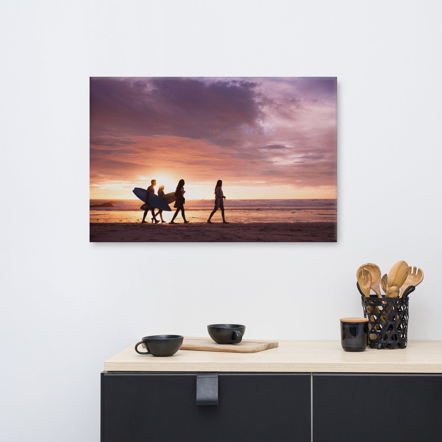 Surfers and Sunset on the Shore Coastal Landscape Lifestyle Photograph Canvas Wall Art Print