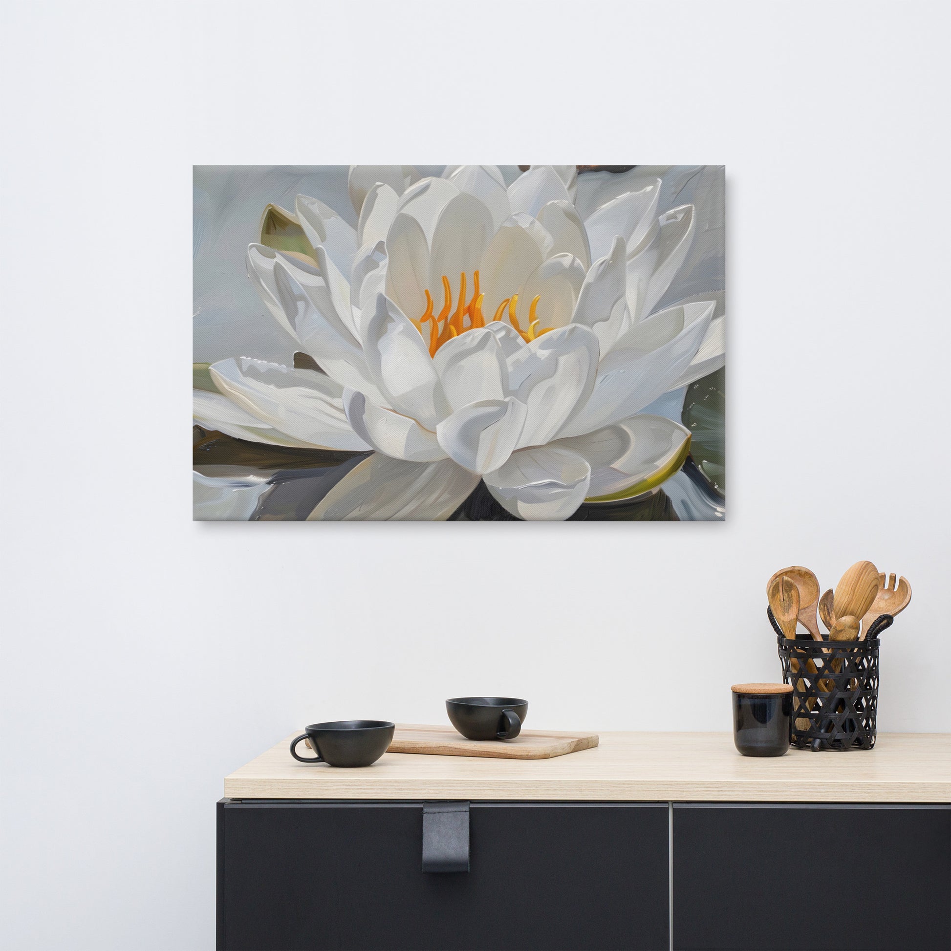 Peaceful White Waterlily Floral Botanical Digital Artwork Canvas Wall Art Print