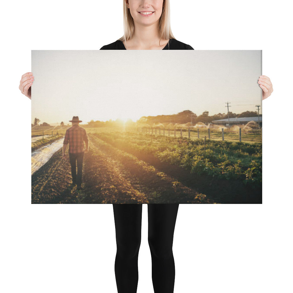 Masculine Wall Art For Bedroom: Farm Life - Farmer in the Sunrise Rural / Country / Farmhouse Style Landscape Photograph Canvas Wall Art Print
