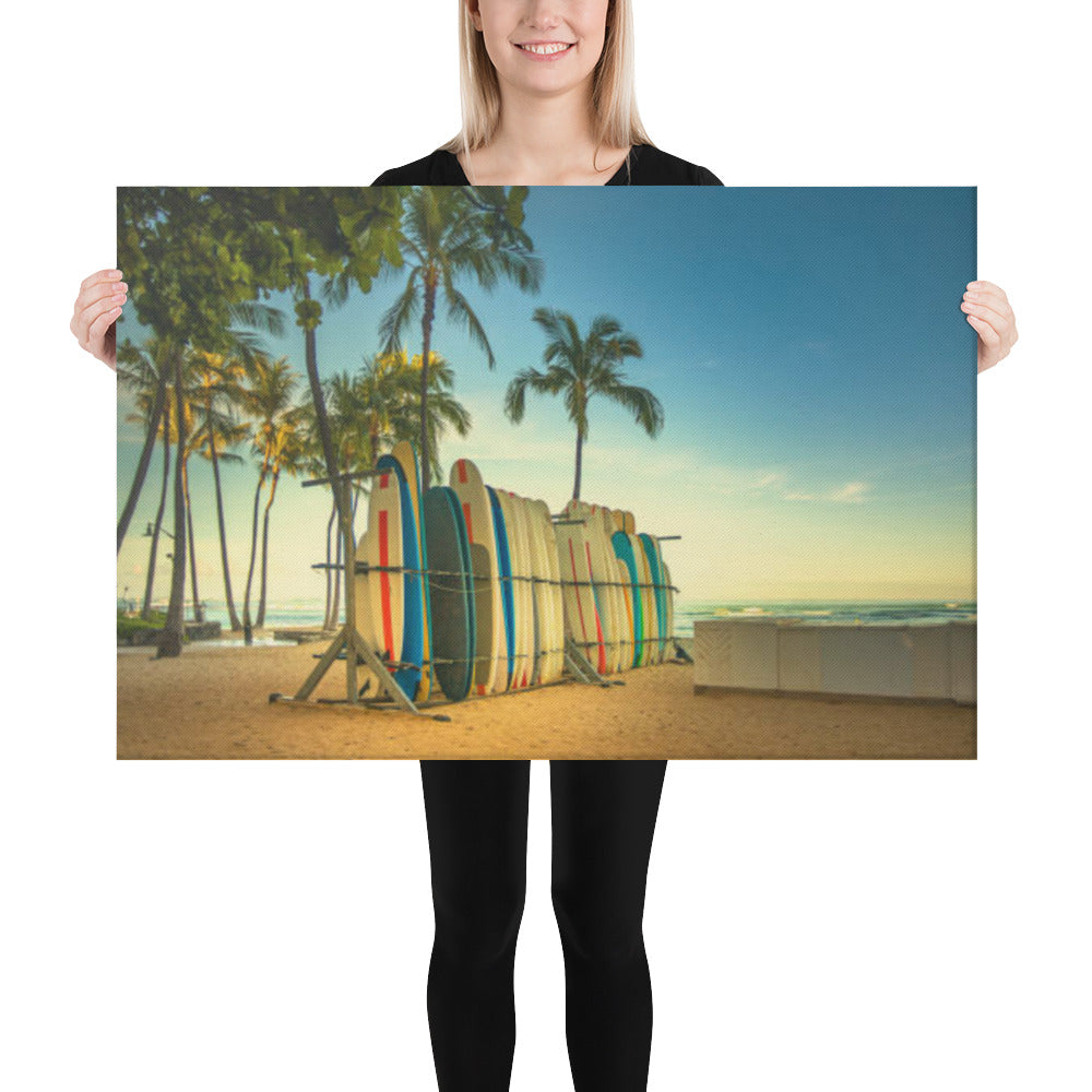 Your Wave is Waiting: Hawaiian Surfboard Dreams Coastal Lifestyle Landscape Canvas Art Print