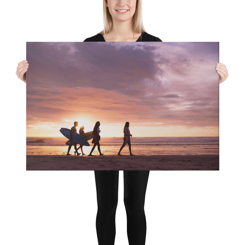 Surfers and Sunset on the Shore Coastal Landscape Lifestyle Photograph Canvas Wall Art Print