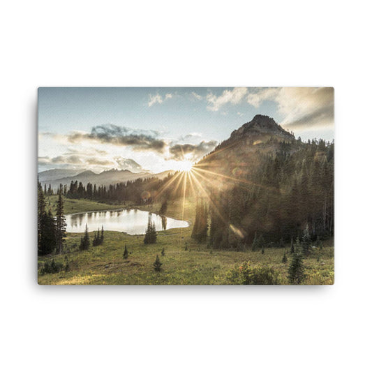 Canvas Wall Decor For Bedroom: At Peace - Sunset Mountain and Lake Rural / Country / Farmhouse Style Nature / Landscape Photograph Wall Art Print
