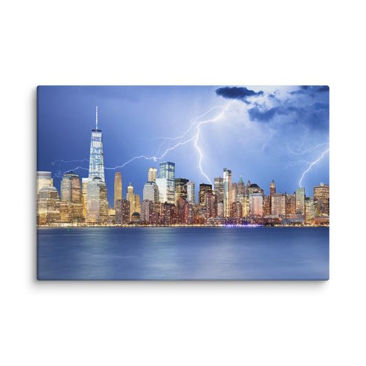 Electrifying New York Lightning Strikes the Skyline Architectural Photograph Canvas Wall Art Print