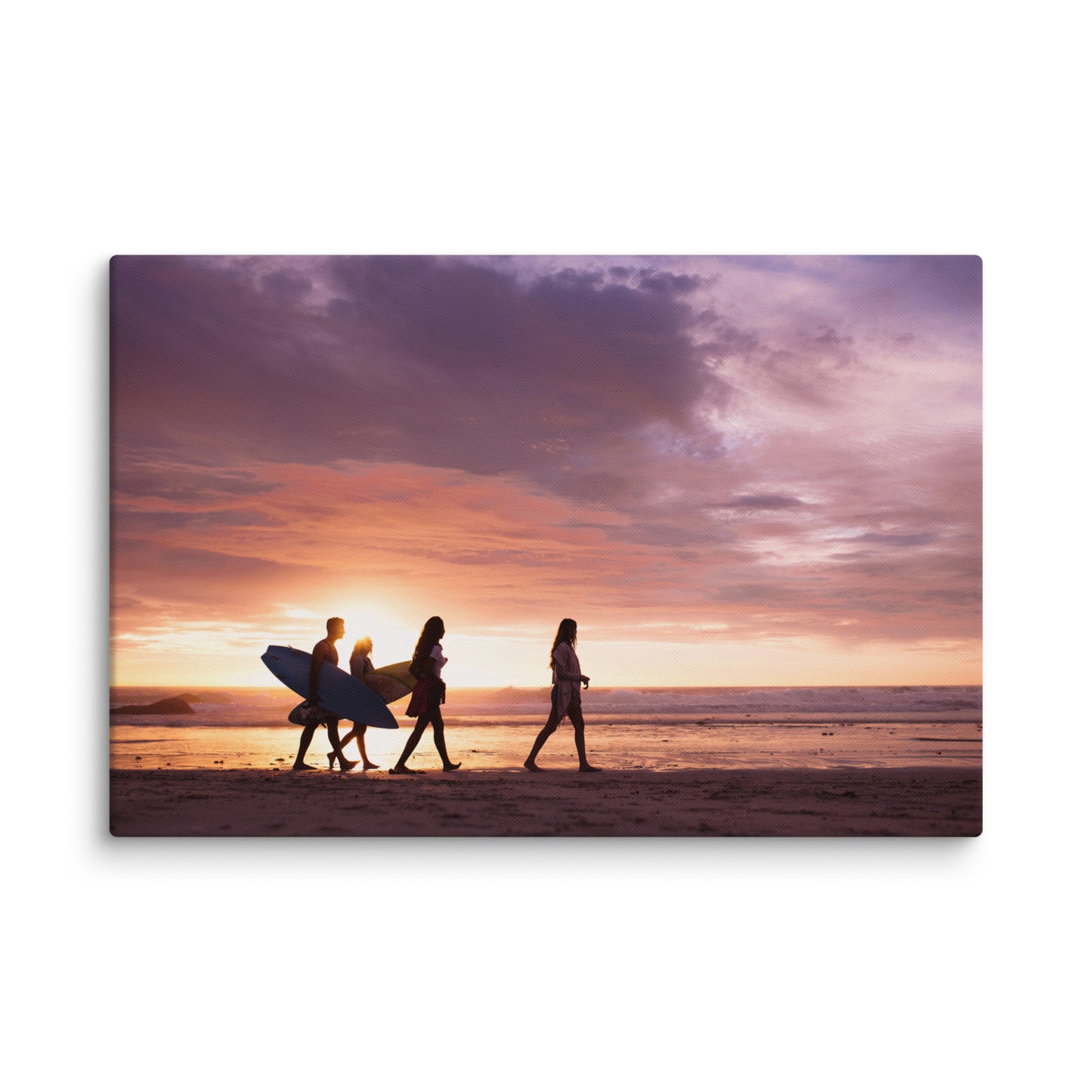 Surfers and Sunset on the Shore Coastal Landscape Lifestyle Photograph Canvas Wall Art Print