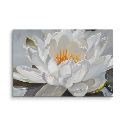 Peaceful White Waterlily Floral Botanical Digital Artwork Canvas Wall Art Print