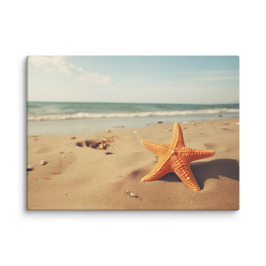 Beach Canvas Wall Art: A Moment of Serenity Starfish on Beach Photorealism Coastal Digital Art