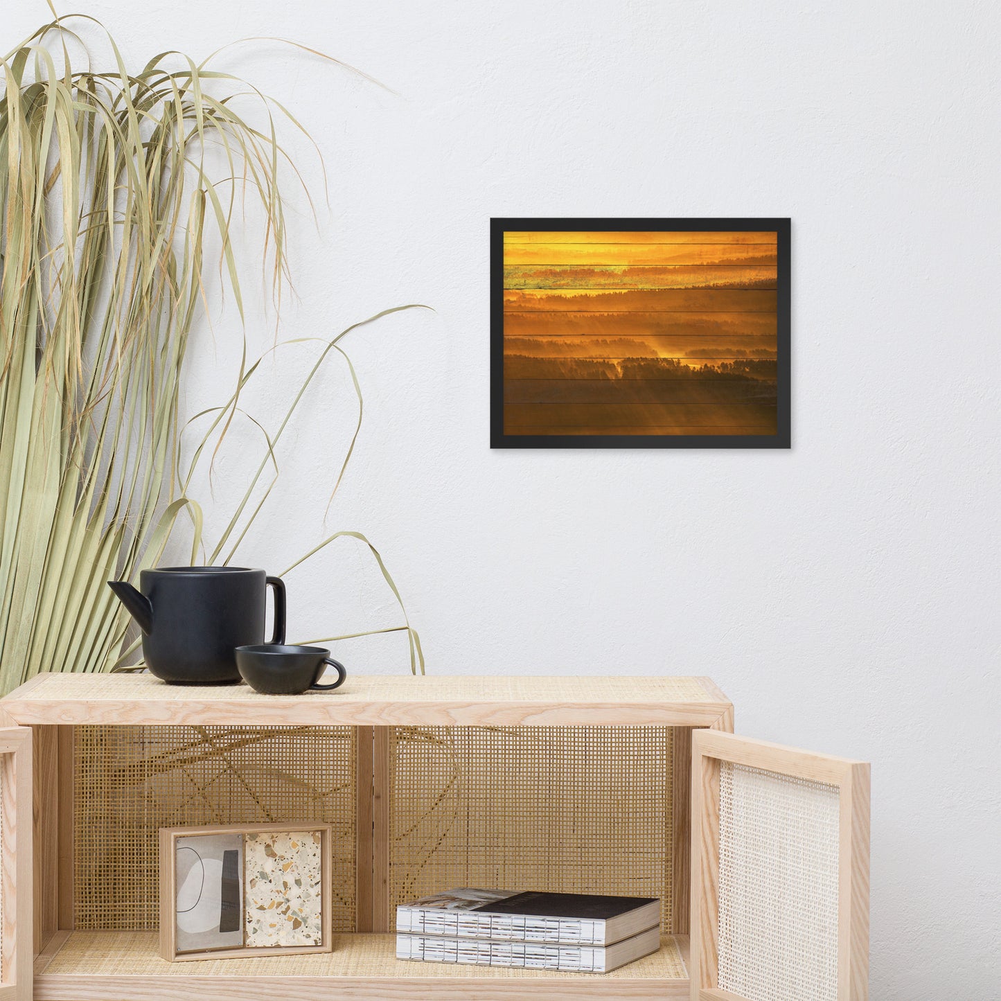 Faux Wood Golden Mist Valley - Hills & Mountain Range Framed Photo Wall Art Prints