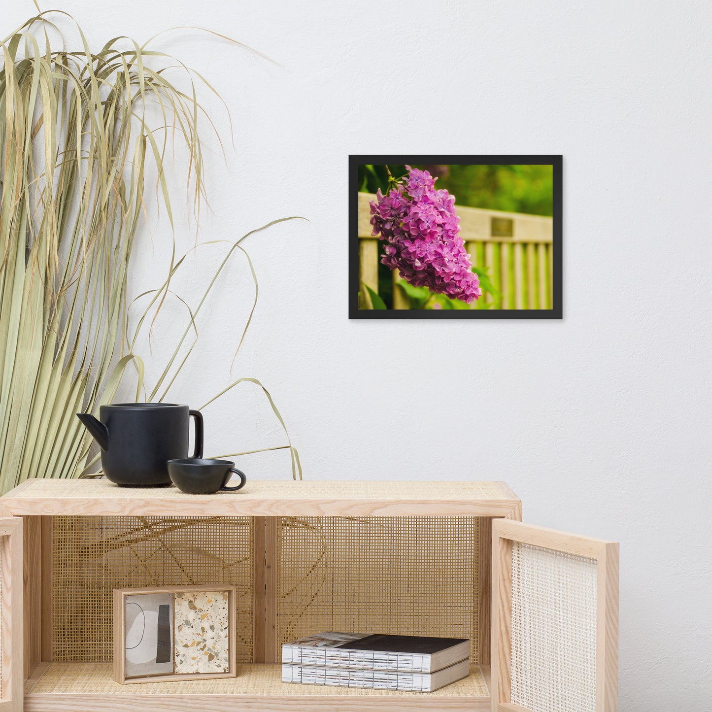 Park Bench with Lilac Floral Nature Photo Framed Wall Art Print