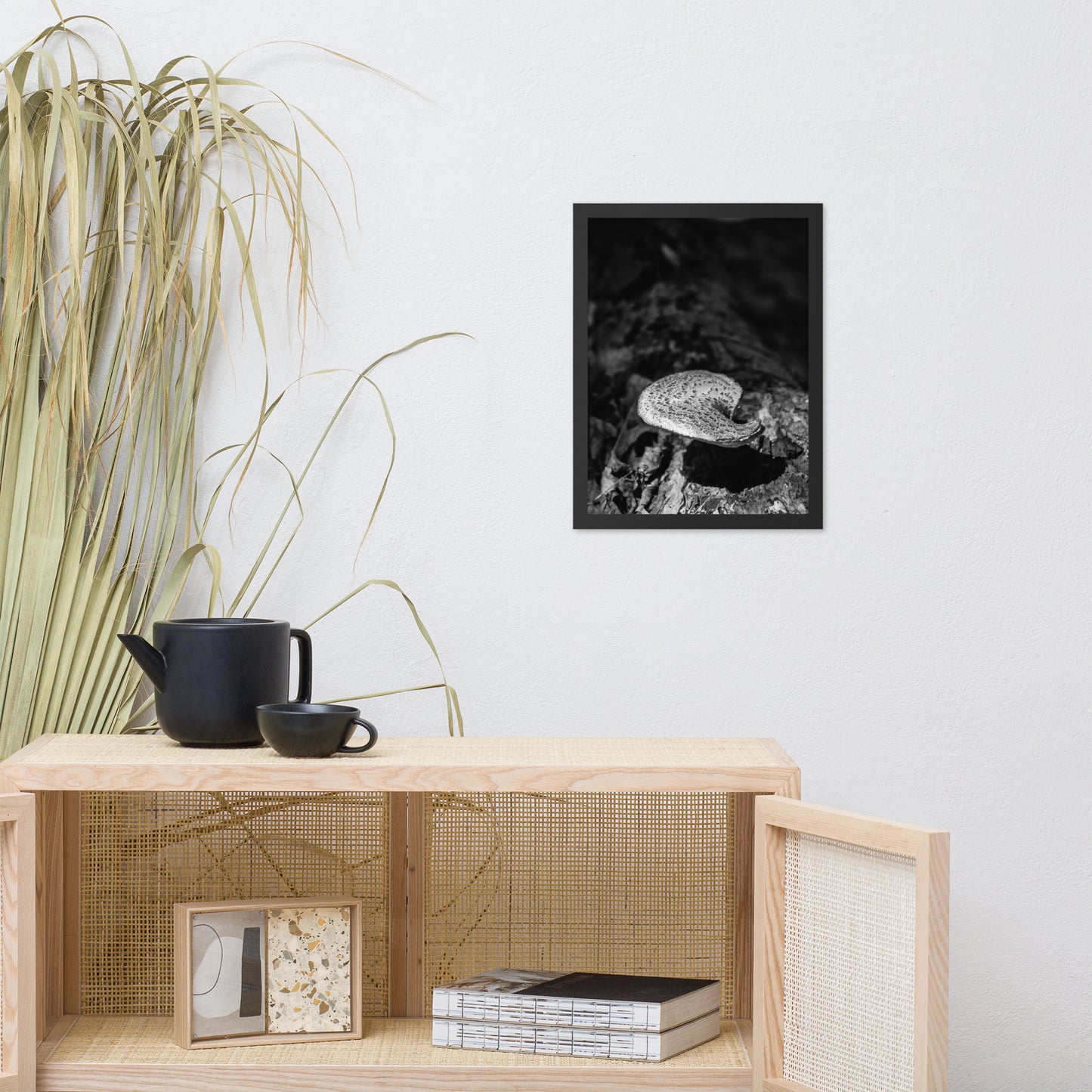Rustic Farmhouse Artwork: Mushroom on Log in Black and White Botanical Nature Photo Framed Wall Art Print