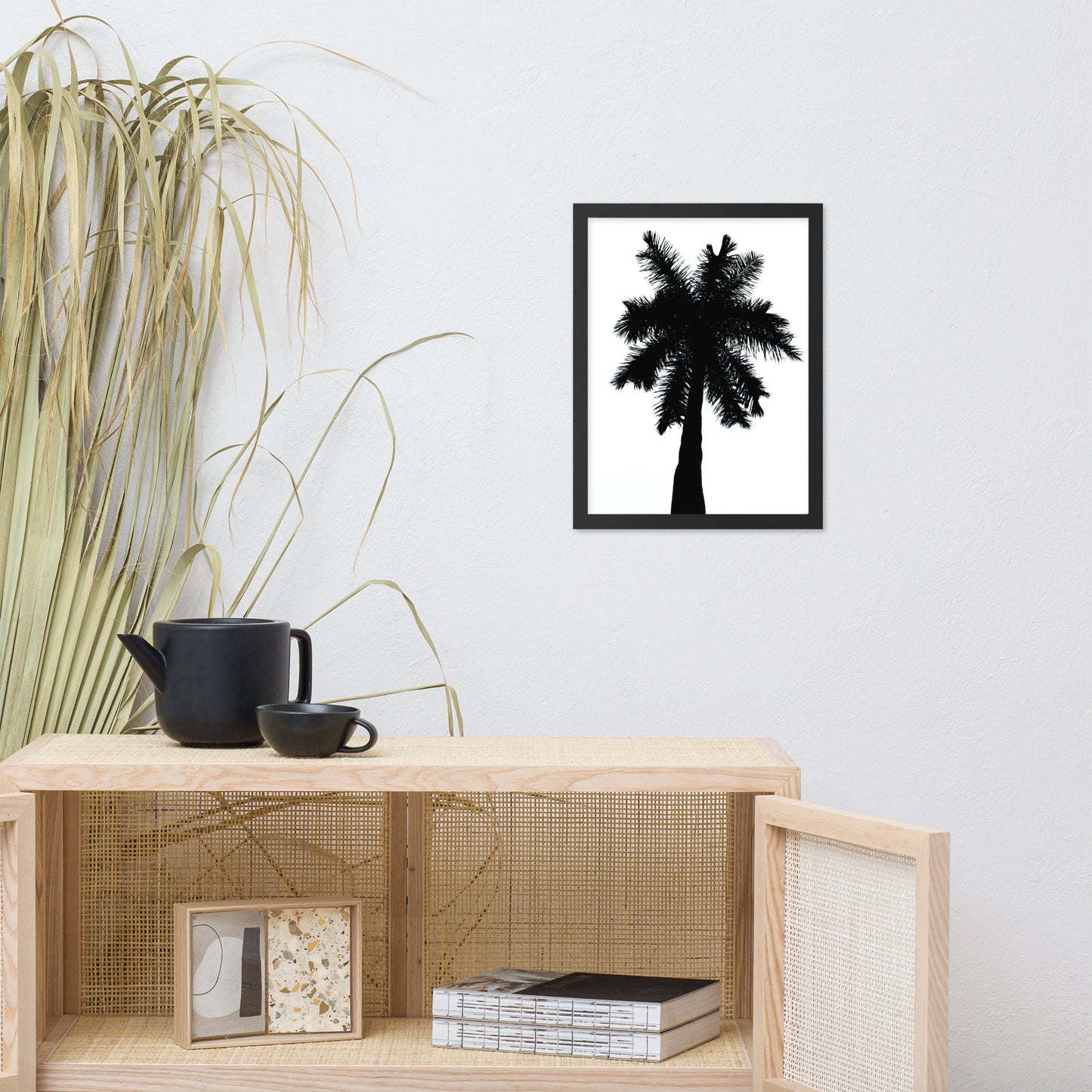 Palm Tree Silhouette on Pure White Botanical Nature Photo Framed Wall Art Print