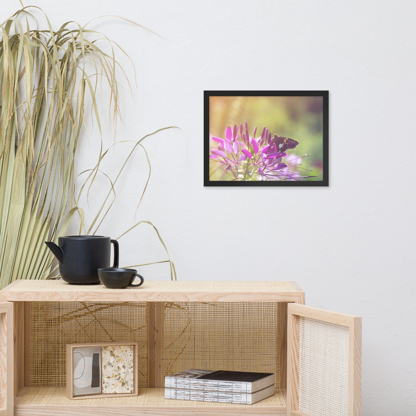 Spider Flower in Glory Light With Spotted Moth Floral Nature Photo Framed Wall Art Print