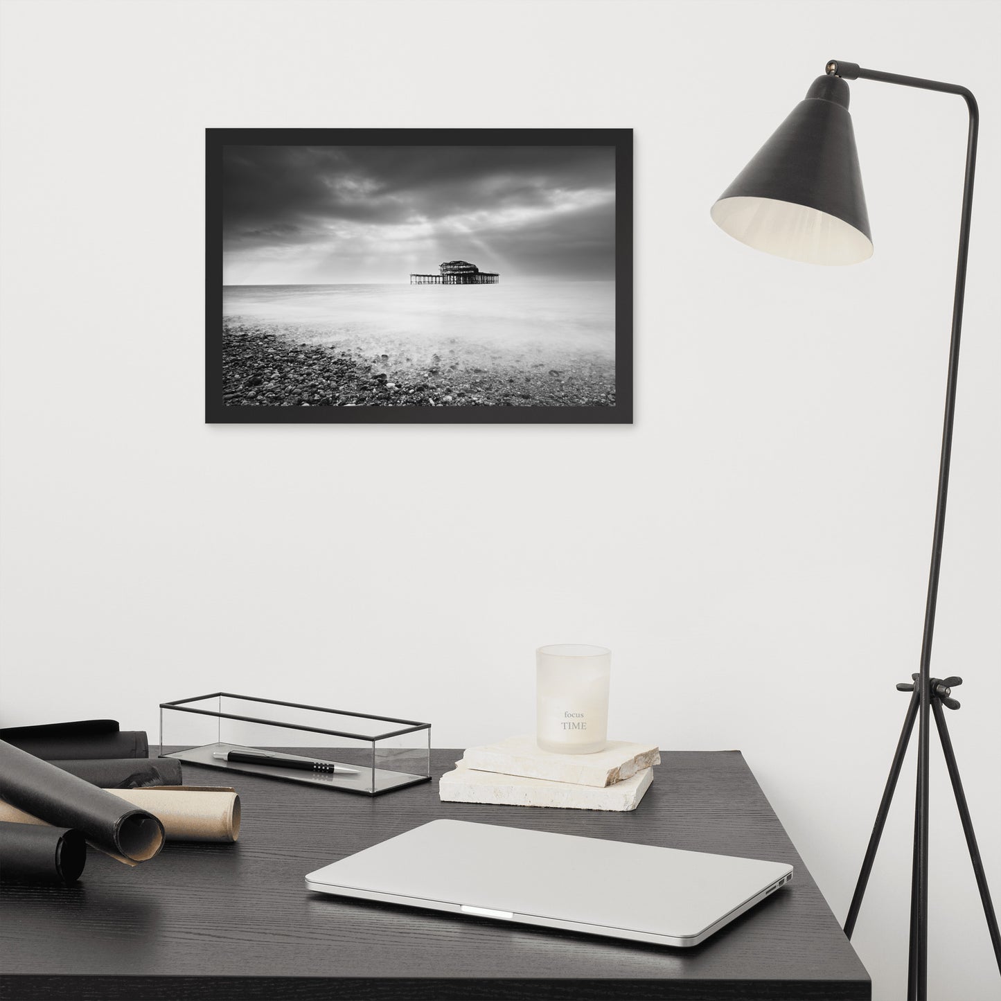 Artwork For My Office: Abandoned West Pier Coastal Seascape Landscape Black and White Photograph Framed Wall Art Print