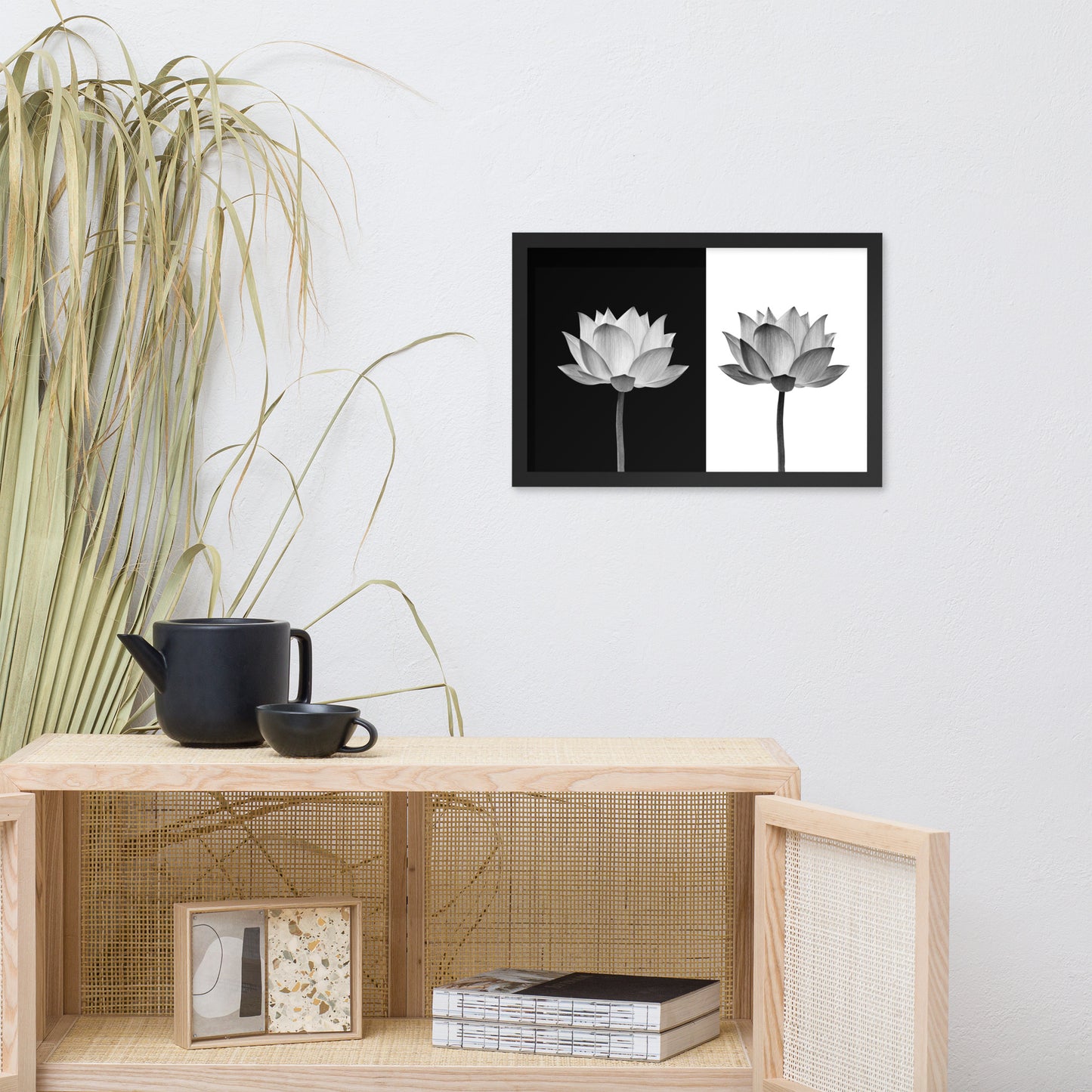 Lotus Flower on Black and White Background Floral Nature Framed Photo Paper Poster