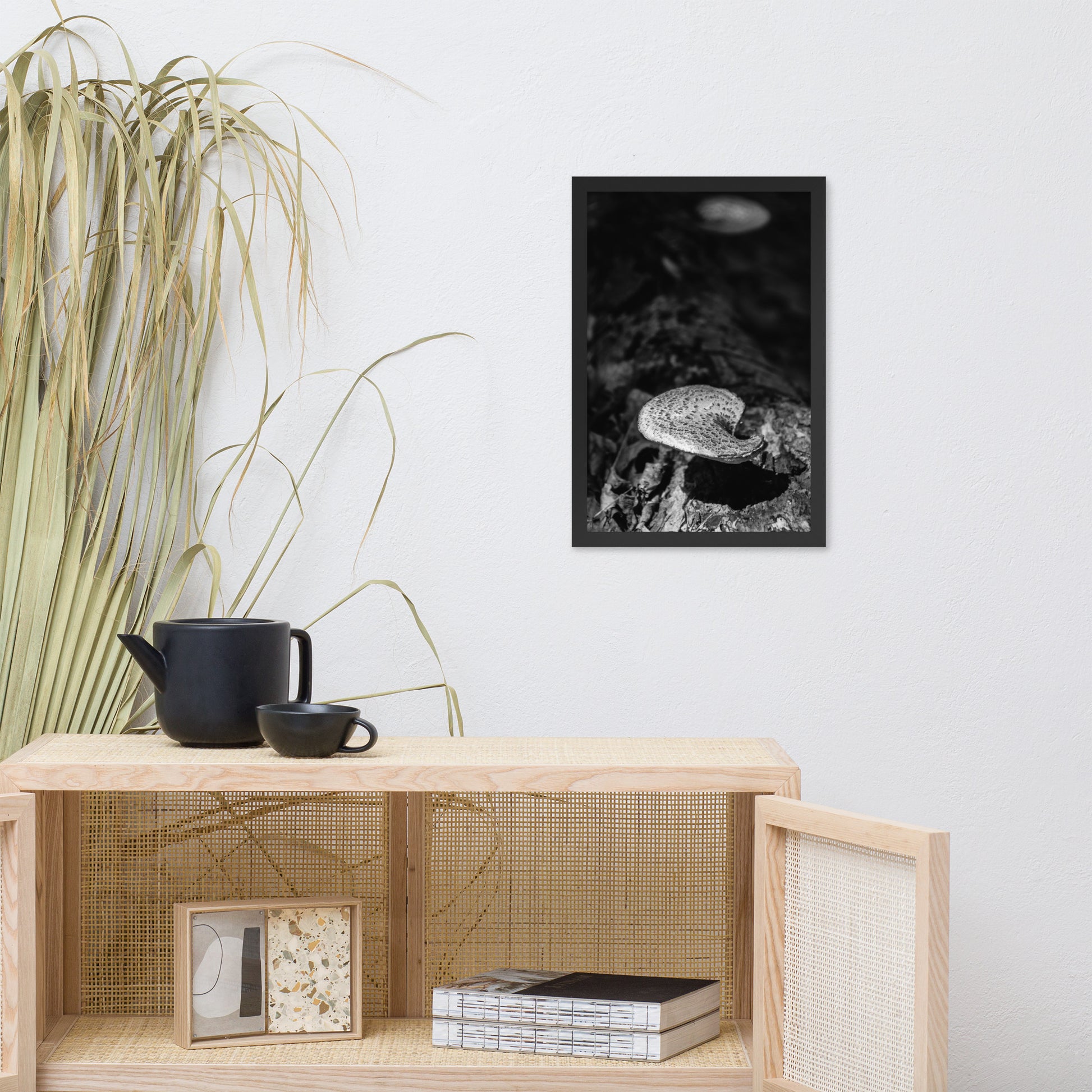 Rustic Farmhouse Art: Mushroom on Log in Black and White Botanical Nature Photo Framed Wall Art Print