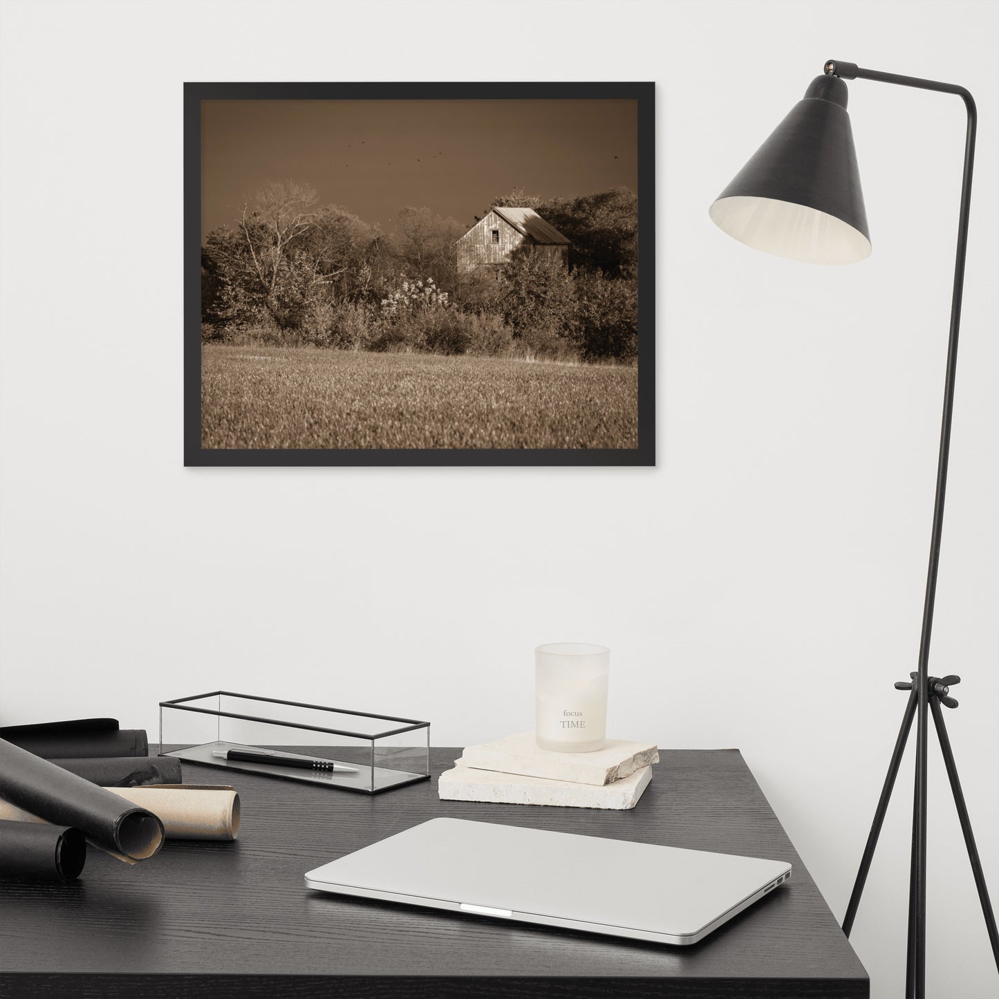 Rustic Artwork For Walls: Framed Country Wall Art: Abandoned Barn In The Trees Sepia - Rural / Country Style / Landscape / Nature Framed Photo Paper Prints - Artwork - Wall Decor