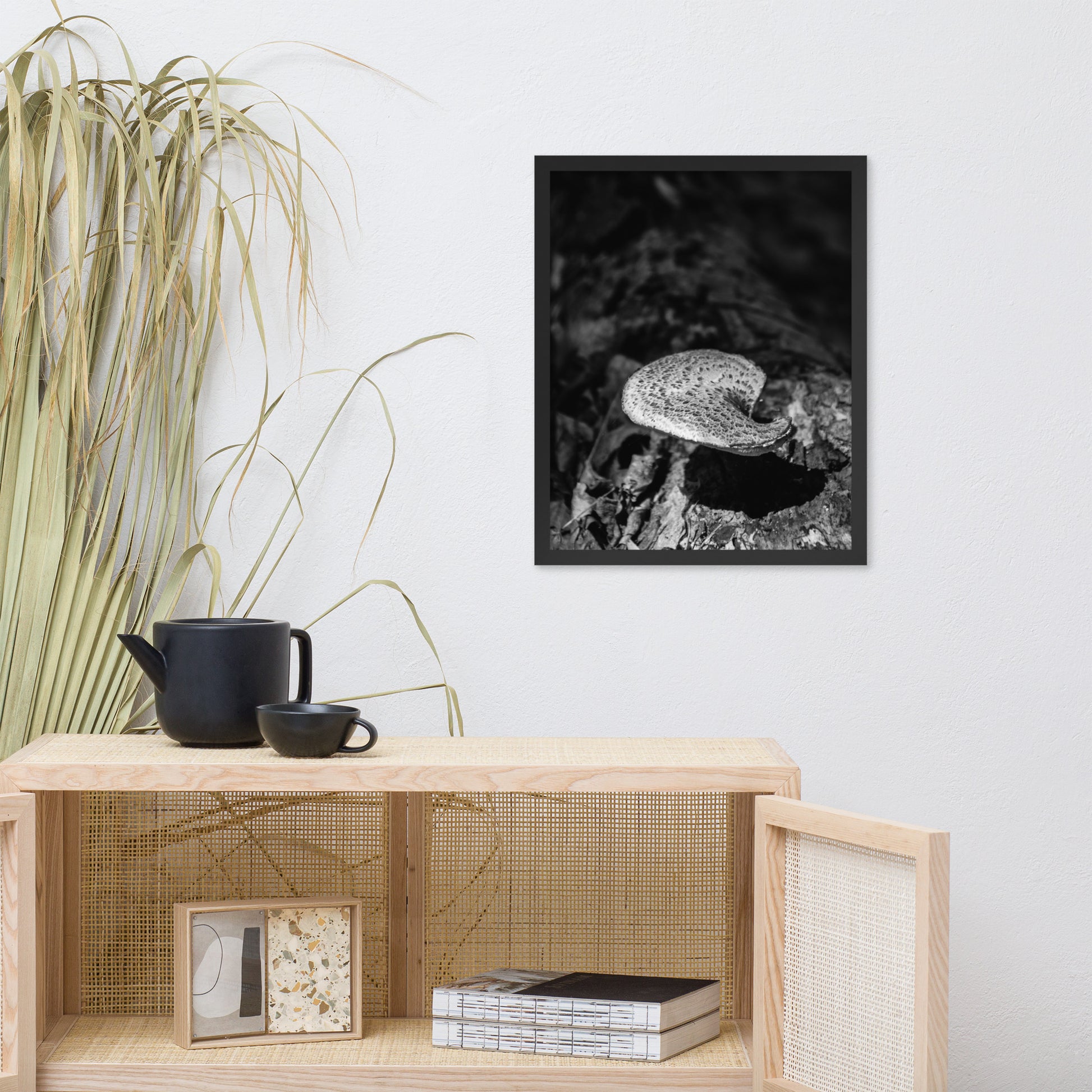Rustic Farmhouse Prints: Mushroom on Log in Black and White Botanical Nature Photo Framed Wall Art Print