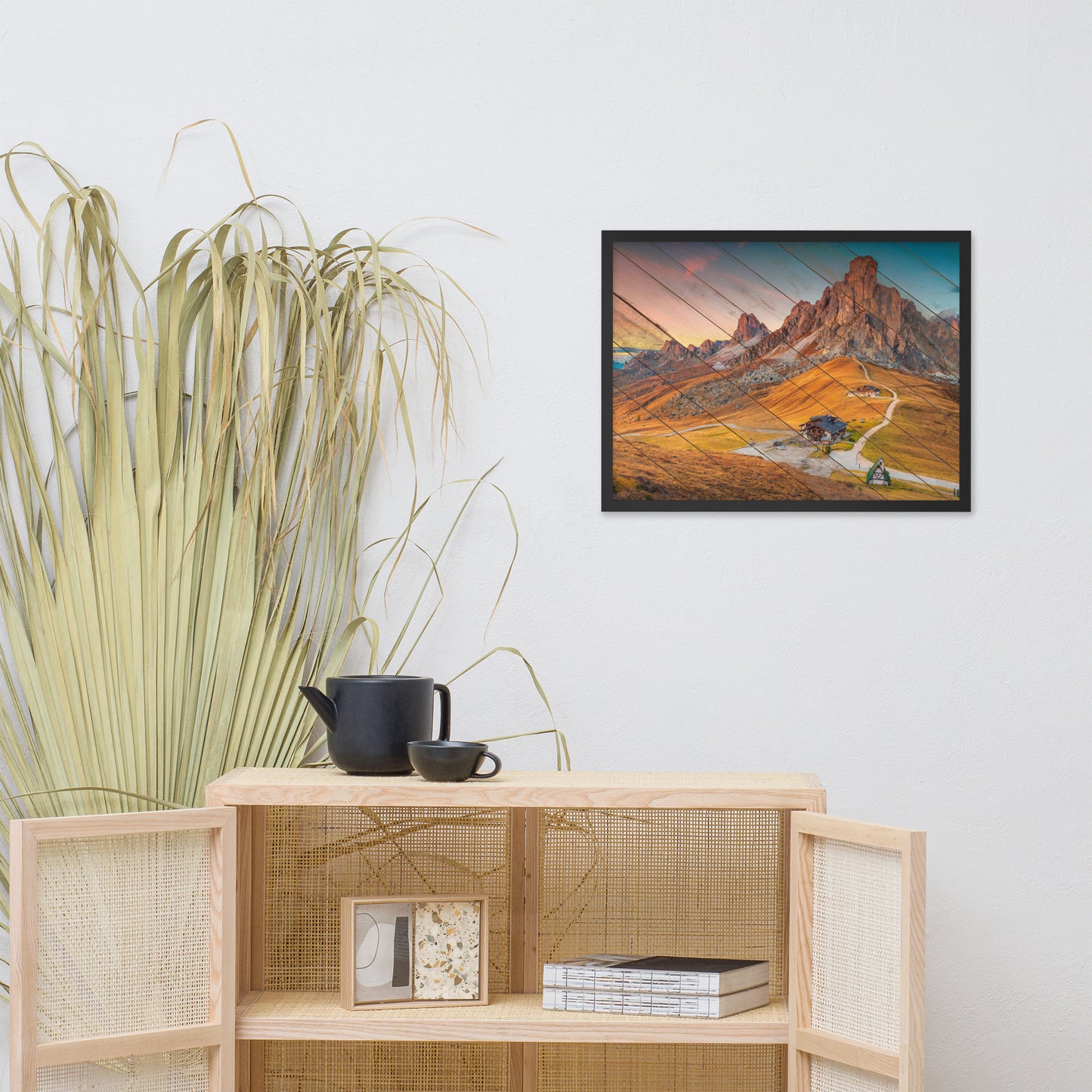 Faux Wood Majestic Sunset & Alpine Mountain Framed Photo Paper Wall Art Prints