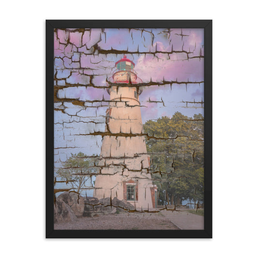 Faux Wood Texture Marblehead Lighthouse at Sunset Framed Photo Paper Wall Art Prints