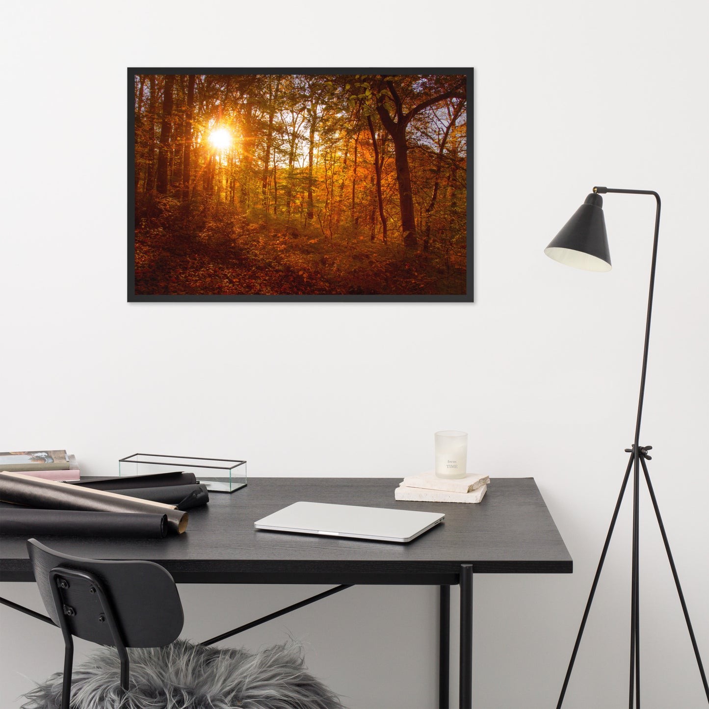 Autumn Sunset in the Trees Rural Landscape Framed Photo Paper Wall Art Prints