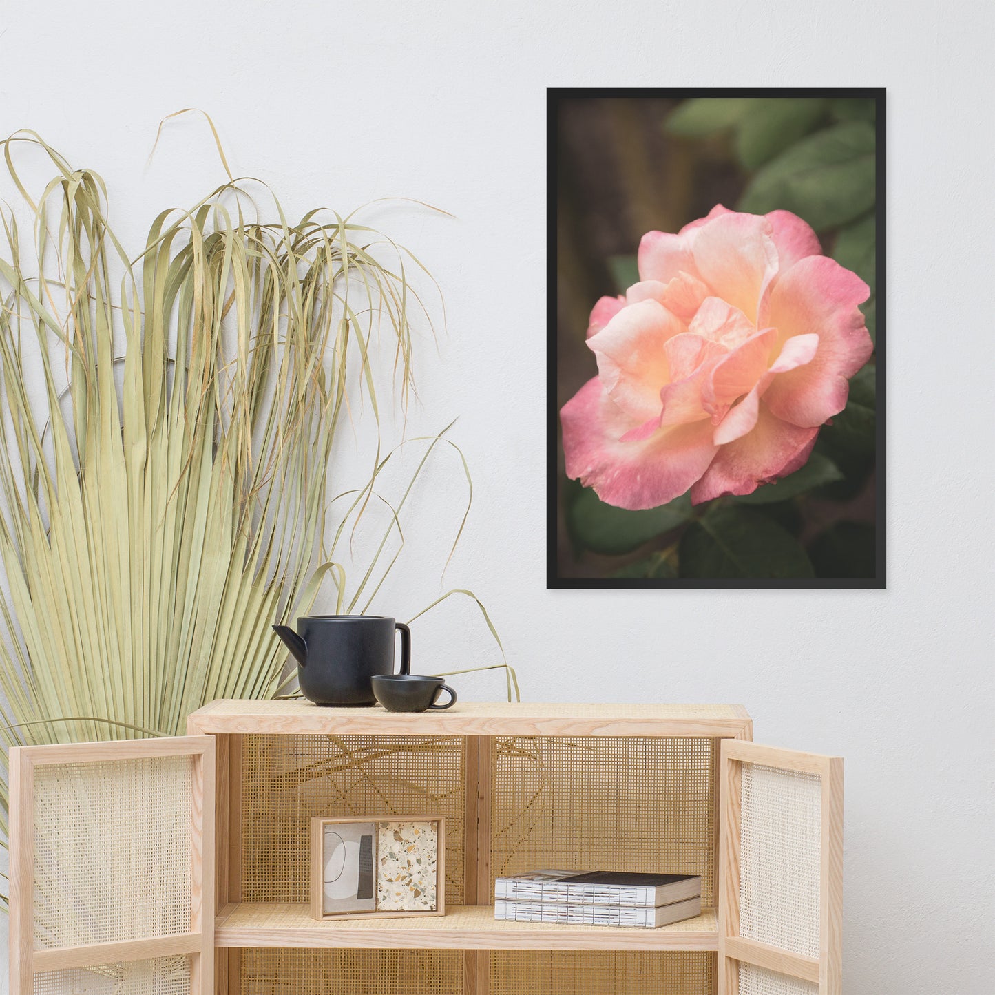Pink and White Softened Rose Floral Nature Photo Framed Wall Art Print