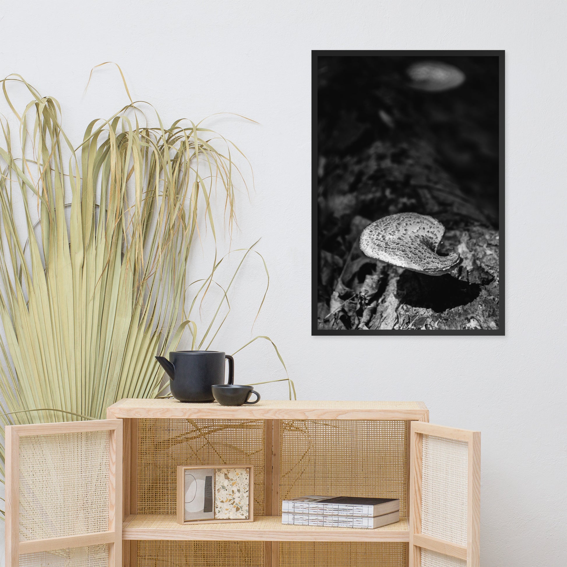 Rustic Farmhouse Wall Decor: Mushroom on Log in Black and White Botanical Nature Photo Framed Wall Art Print