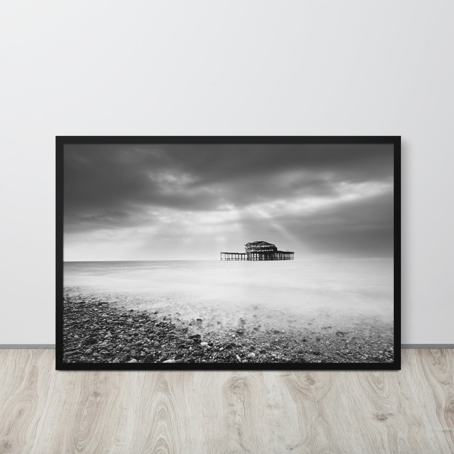 Cool Home Office Art: Abandoned West Pier Coastal Seascape Landscape Black and White Photograph Framed Wall Art Print