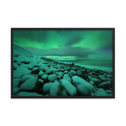 Gallery Wall Art Prints: Aurora Borealis Over Ocean in Teriberka Night - Coastal / Beach / Seascape / Nature / Landscape Photo Framed Wall Art Print - Artwork