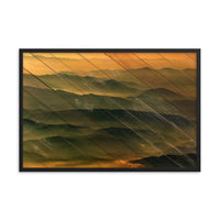 Faux Wood Foggy Mountain Layers at Sunset Landscape Framed Photo Paper Wall Art Prints