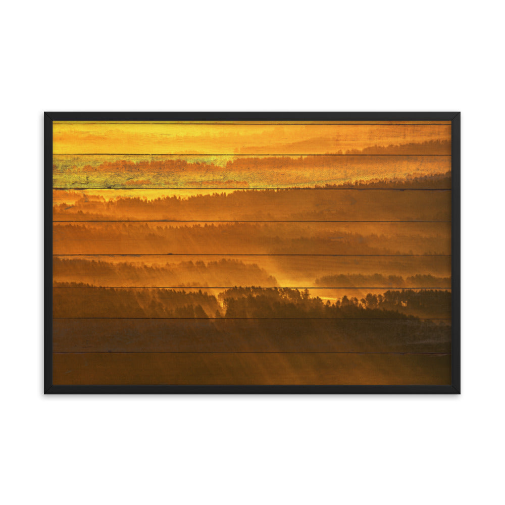 Faux Wood Golden Mist Valley - Hills & Mountain Range Framed Photo Wall Art Prints