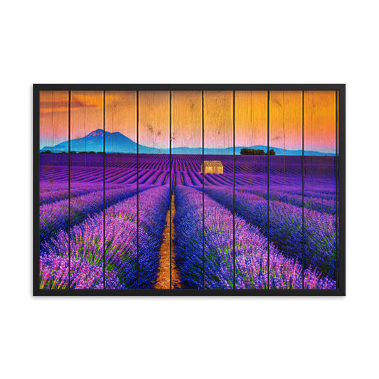 Faux Wood Lavender Fields and Sunset Landscape Framed Photo Paper Wall Art Prints