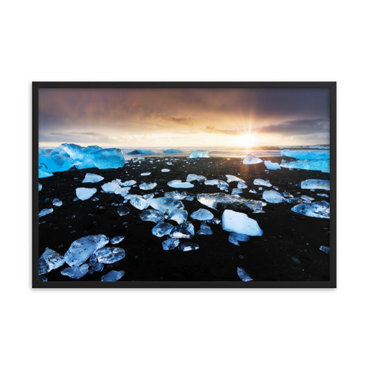 Fire and Ice Black Sand Sunset Coastal Landscape Framed Photo Paper Wall Art Prints