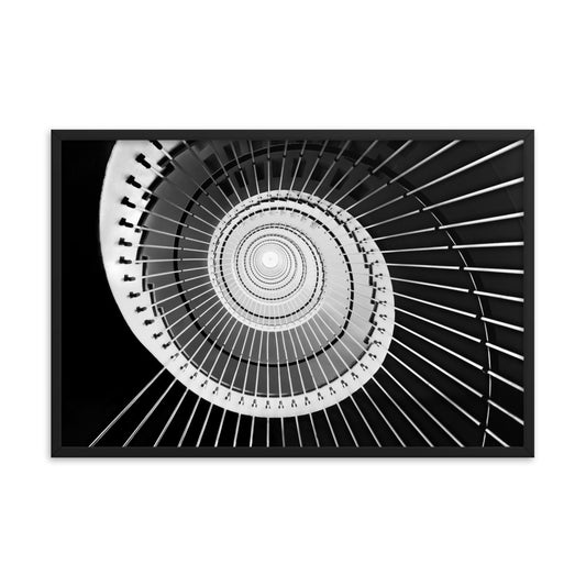 Never Ending Ascent - Equiangular Spiral Black And White Architectural Photograph Framed Wall Art Print