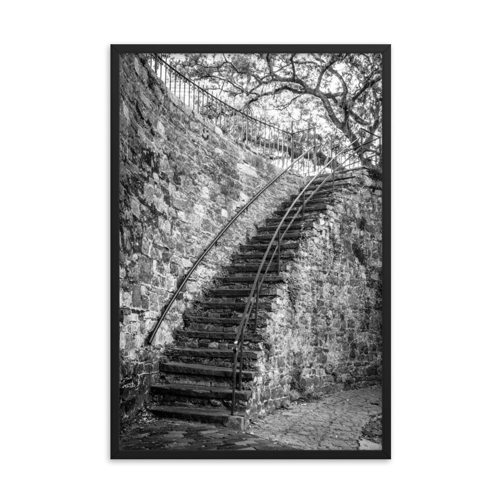 Black and White Old Stone Stairs River Street Savannah Ga Framed Wall Art Print