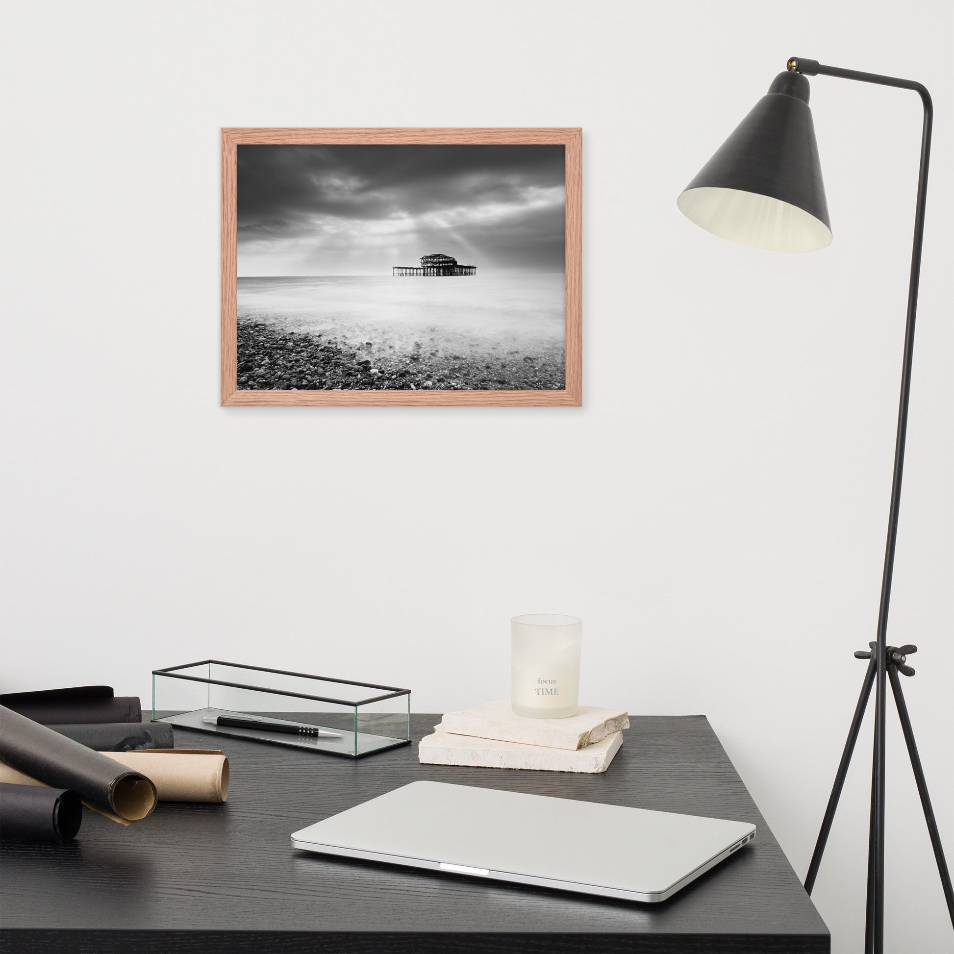 Artwork In Office: Abandoned West Pier Coastal Seascape Landscape Black and White Photograph Framed Wall Art Print