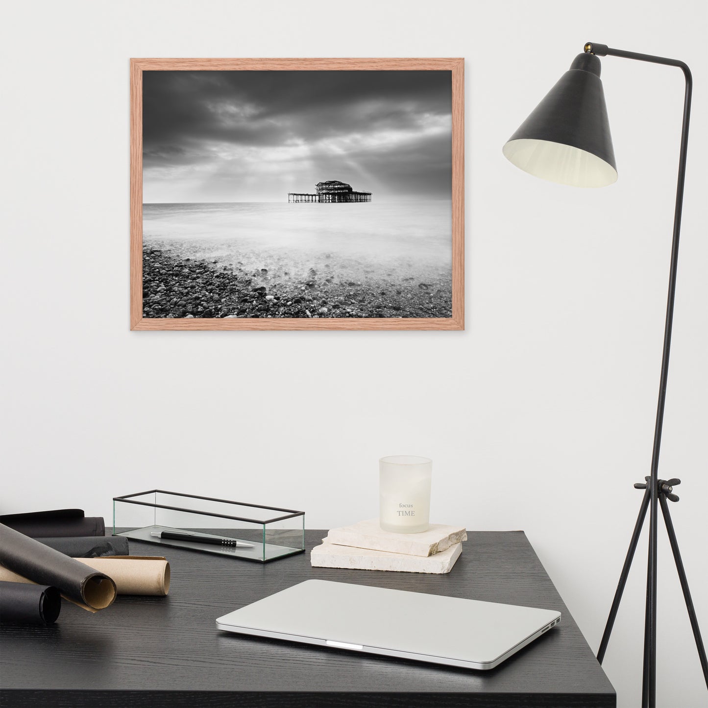 Best Home Office Wall Art: Abandoned West Pier Coastal Seascape Landscape Black and White Photograph Framed Wall Art Print