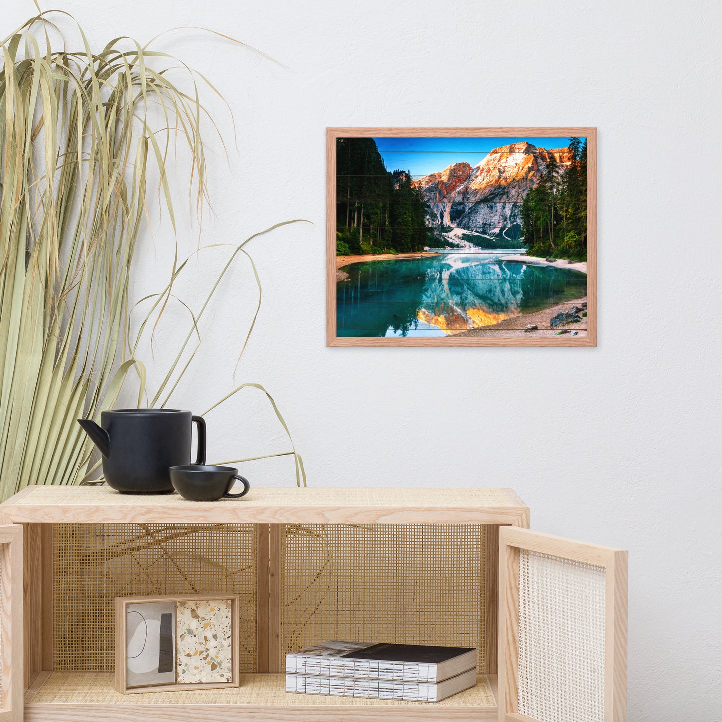 Faux Wood Misty Lake and Snowcap Mountain Reflections Framed Photo Paper Wall Art Prints