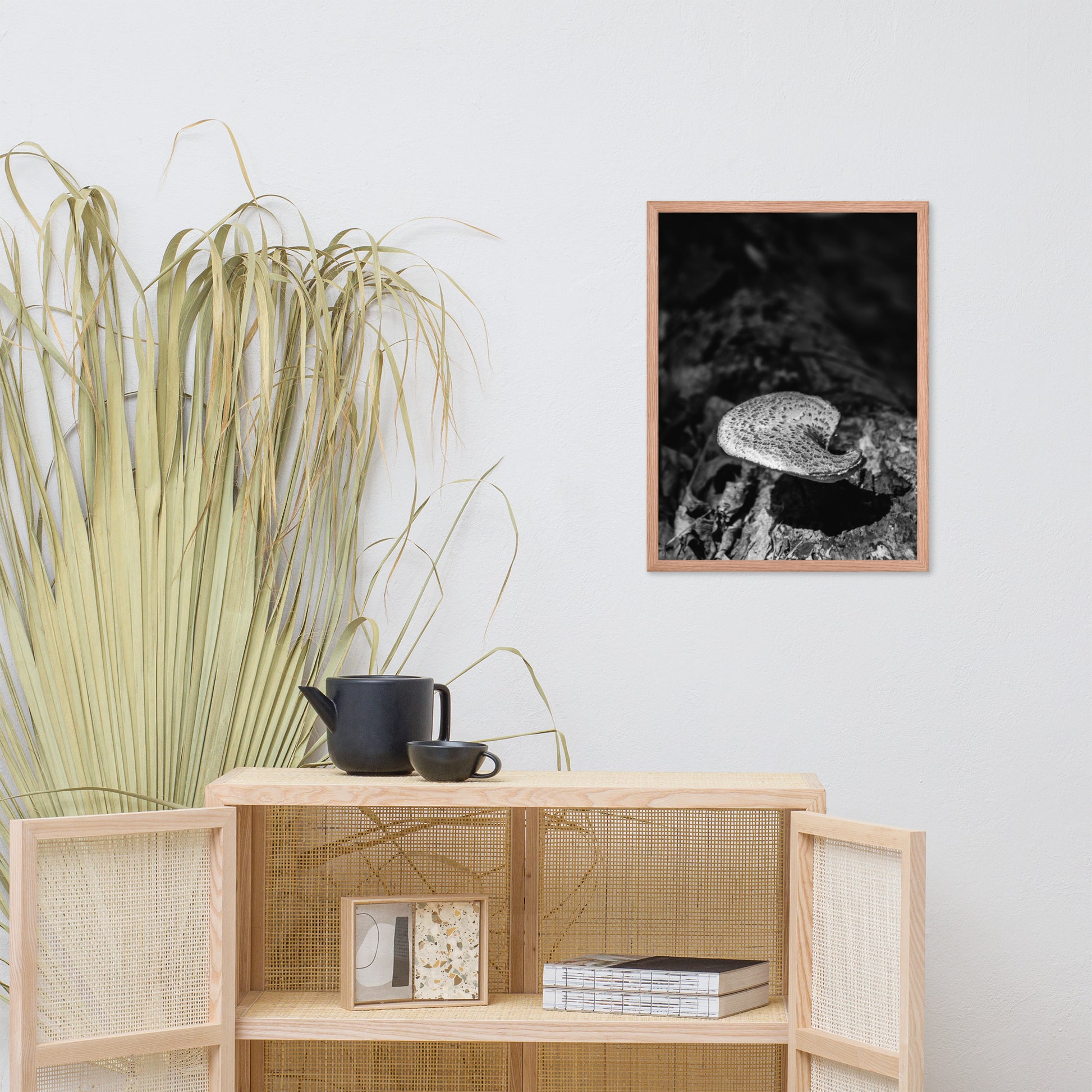 Botany Art Prints: Mushroom on Log in Black & White Rustic / Country Style Nature Photo Framed Wall Art Print