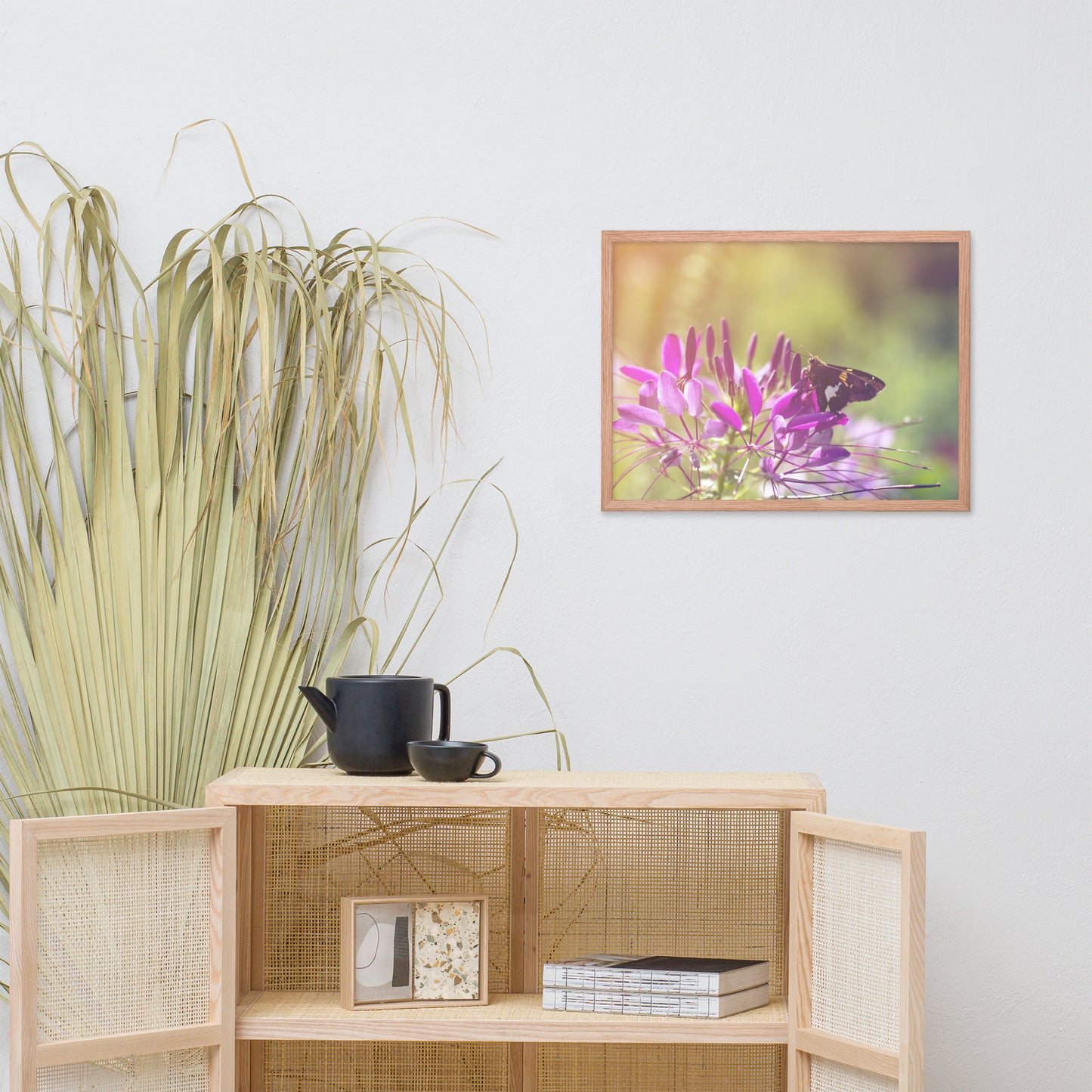 Spider Flower in Glory Light With Spotted Moth Floral Nature Photo Framed Wall Art Print