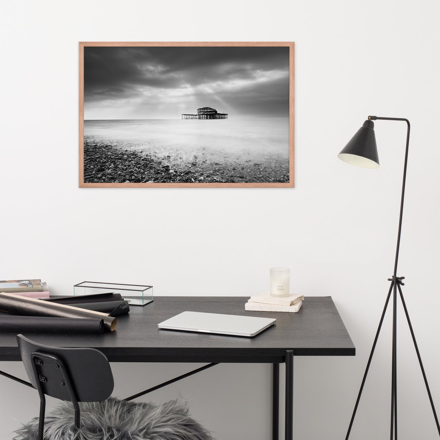 Best Office Wall Decor: Abandoned West Pier Coastal Seascape Landscape Black and White Photograph Framed Wall Art Print