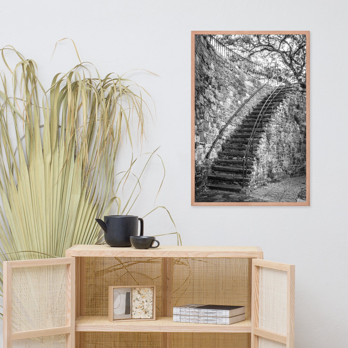 Black and White Old Stone Stairs River Street Savannah Ga Framed Wall Art Print