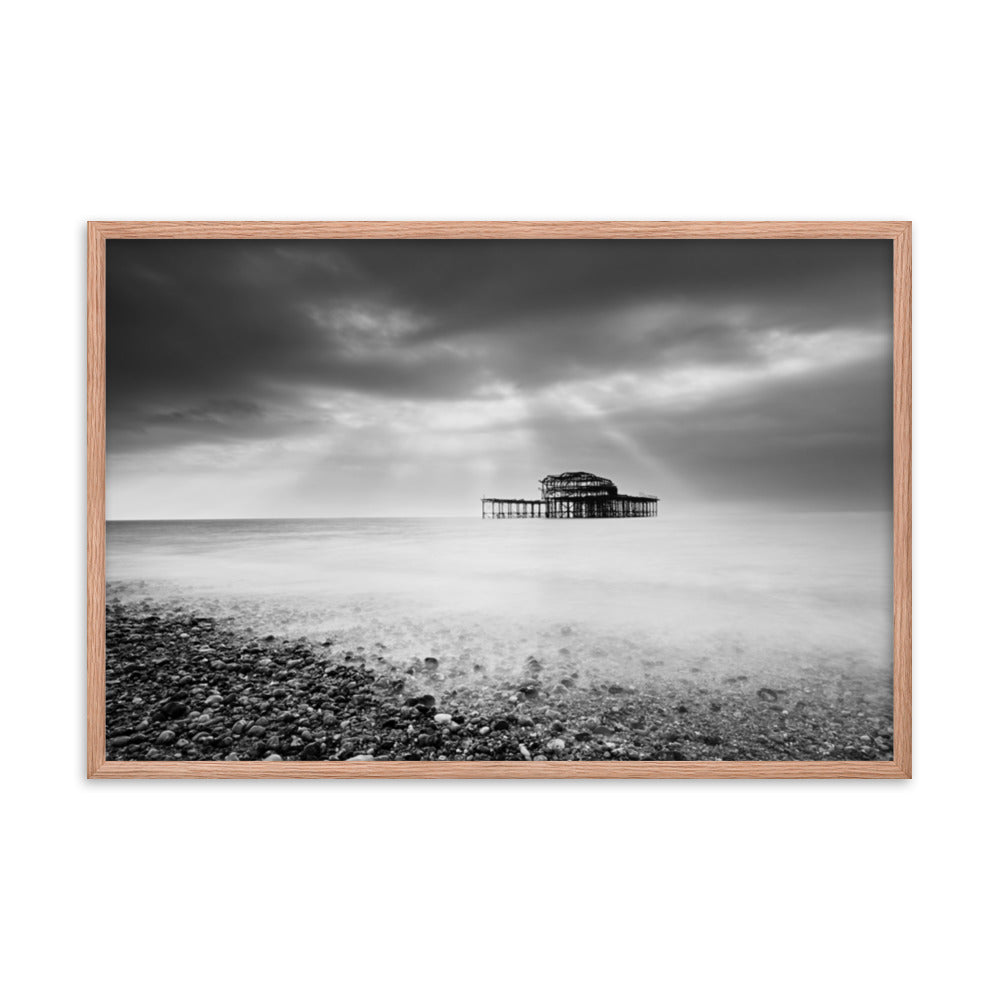 Commercial Artwork For Offices: Abandoned West Pier Coastal Seascape Landscape Black and White Photograph Framed Wall Art Print